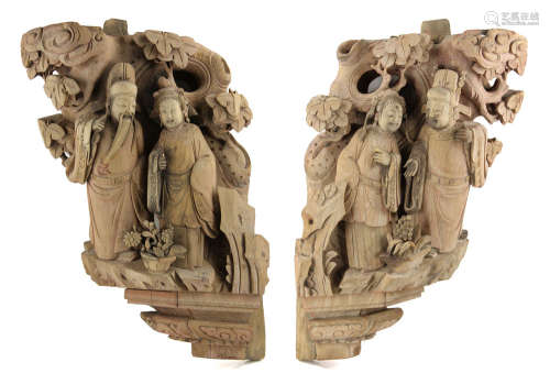 Pr. Chinese Mounted Temple Wood Carvings
