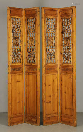19th C. Chinese Four-Panel Carved Wood Screen