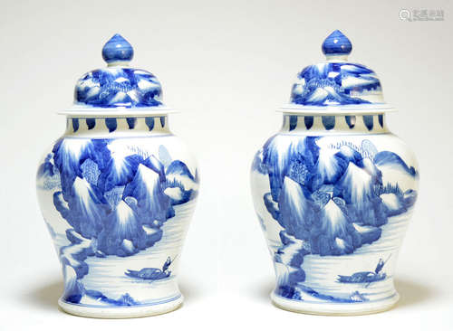 Chinese Blue and White Landscape Temple Jars