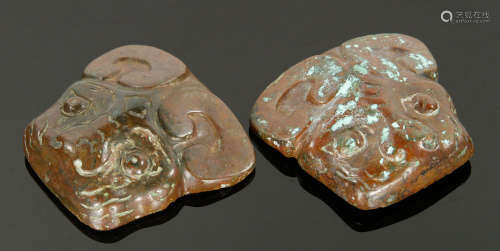 Two Chinese Bronze Taotie Head Buckles