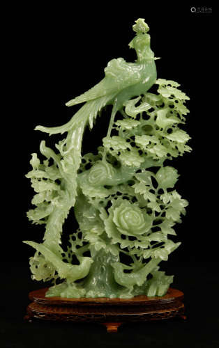 Tall Chinese Green Jade Carving of Phoenix