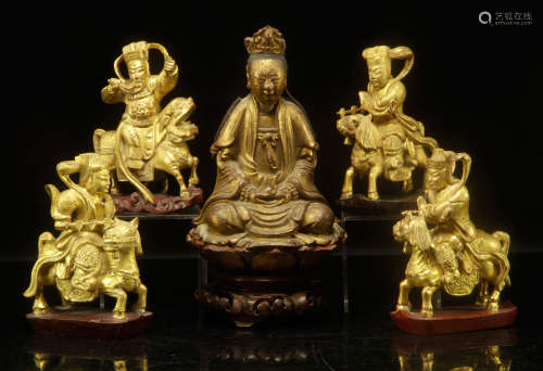 Lot of Five Chinese Gilt Carvings