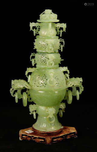 Chinese Green Jade Tall Covered Bowl