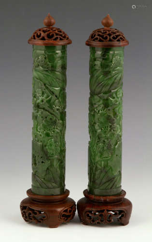 Pr. Carved Spinach Green Jade Incense Holders