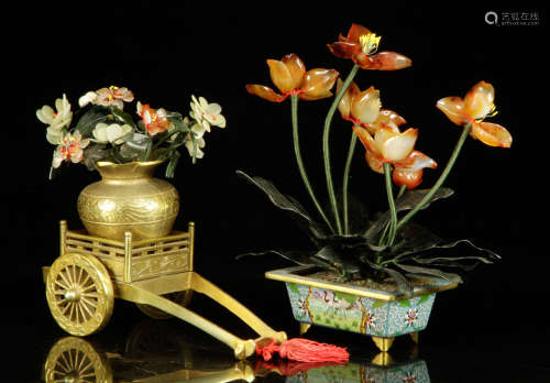 Chinese Bronze Cart and Cloisonne Planter