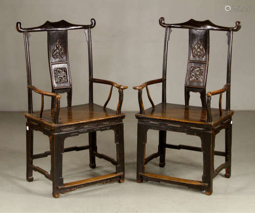 Pr. Antique Chinese Yoke Crest Armchairs
