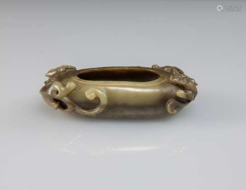 Yuan / Early Ming - A Celadon Jade Carved ‘Chi Long’ Brush Washer
