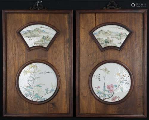 Late Qing / Republic-A Pair Of Famille-Glazed Porcelain Plaques Mounted In Hardwood Frame