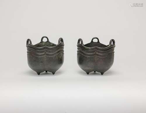 Ming-A Pair Of Three Lobed Bronze Censer