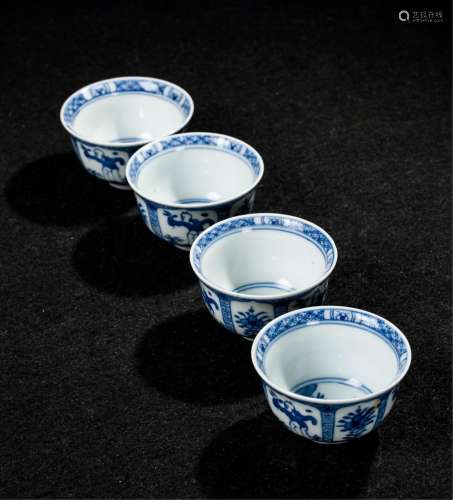 4 CHINESE KANGXI BLUE AND WHITE TEA CUPS