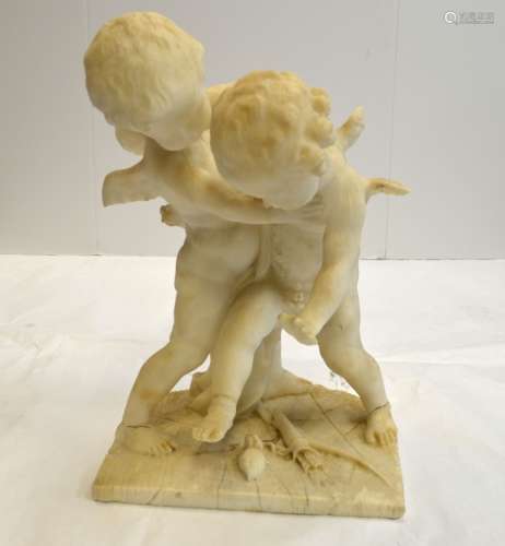 Italian White Marble Sculpture w Two Cupid Figures