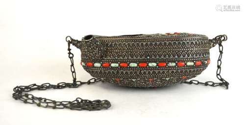 Tibetan Silver Coral/Turquoise Vessel with Chain