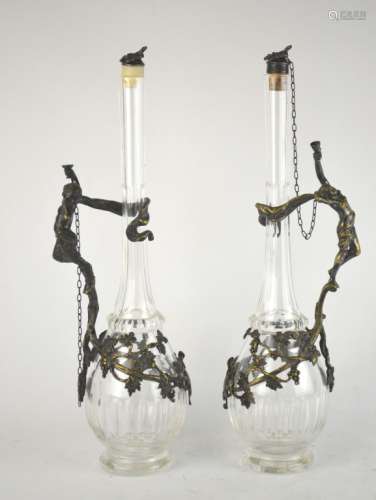 Pr Glass Decanters w. Bronze Figural Handles