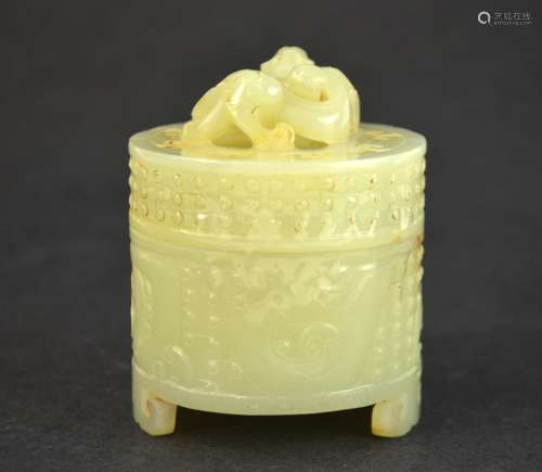 Chinese Carved Celadon Jade Censer w. Cover