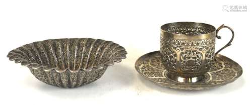 Three Indian Silver Cup, Saucer & Bowl