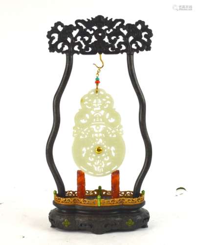 Chinese Carved Jade Plaque Hang on Wood Stand