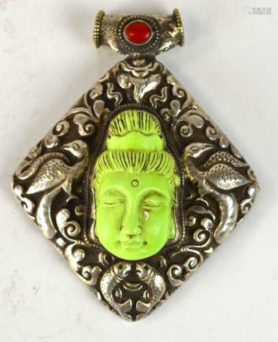 Chinese Silver & Turquoise Buddha Head Pendant