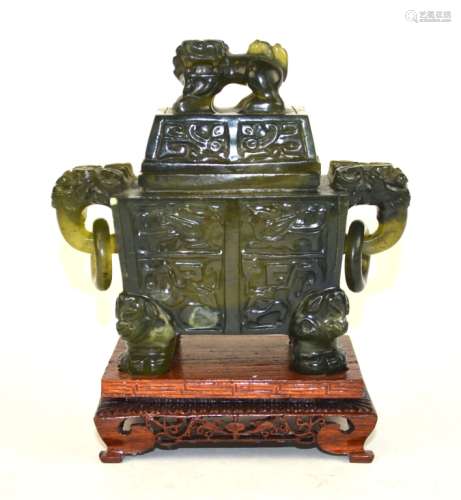 Chinese Green Stone Incense Burner on Wood Stand