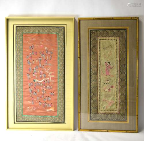 Two Chinese Framed Embroidered Panels w Figural