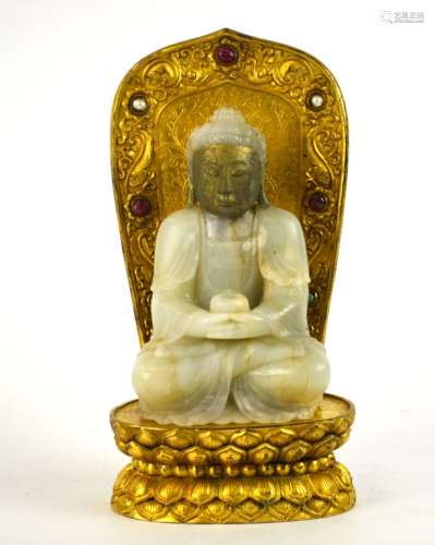 Fine Chinese Jade Buddha with Gilt Bronze Base
