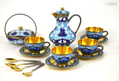 Russian Silver Enamel Tea Set