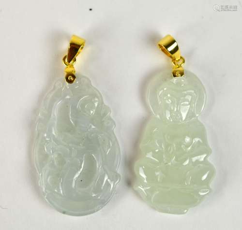 Two Chinese Carved  Jadeite Pendants w/ Gold