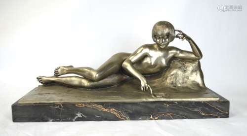 .Art Deco Signed Silver Bronze nude w. Marble Base