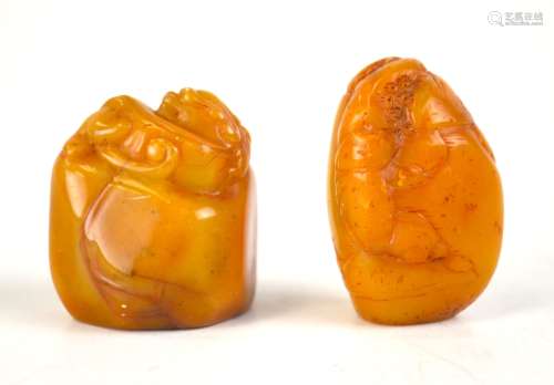Two Chinese Carved Yellow Soapstone Seals