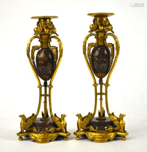 Pr French  Bronze & Marble Candle Holders