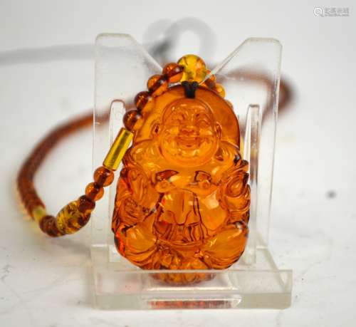 Chinese Carved Amber Buddha Necklace