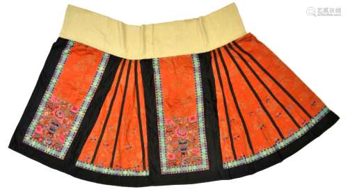 Chinese Red Orange Silk Embroidered Skirt