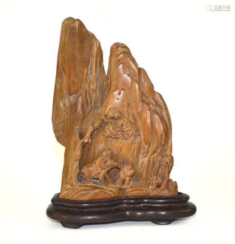 Chinese Carved Wood Mountain Scene Boulder