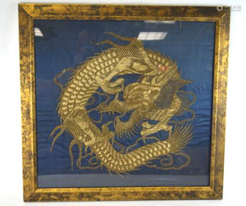 Chinese Framed Silk Embroidered Dragon Panel