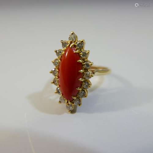 STUNNING 14K GOLD RED CORAL AND DIAMOND RING - 4 GRAMS