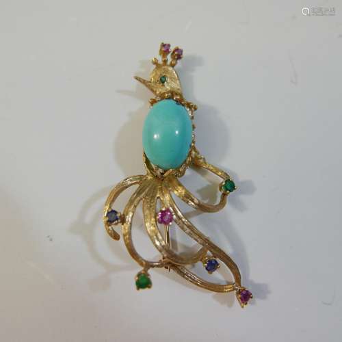 BEAUTIFUL 14K GOLD TURQUOISE AND GEMSTONE BROOCH - 8.6 GRAMS