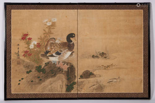 Japanese Rimpa School Two-Panel Screen Edo Period