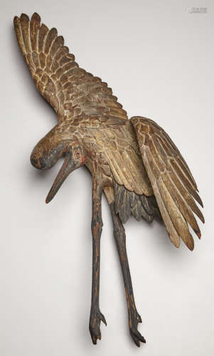 Japanese Painted Wood Figure of a Flying Crane 19th Century