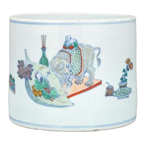 Chinese Wucai Glazed Porcelain Brushpot Kangxi Period