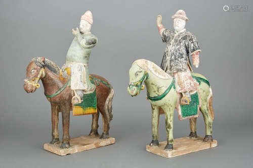 Pair of Chinese Painted Pottery Figures of Horses and Riders Ming Dynasty