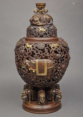 Chinese Parcel Gilt-Bronze Covered Censer