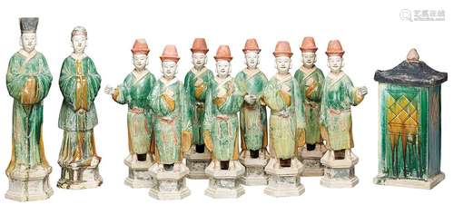 Group of Ten Chinese Green and Ochre Glazed Pottery Models of Court Attendants Ming Dynasty