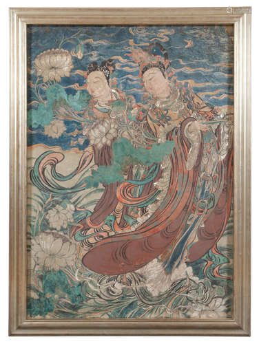 Chinese Painted Stucco Wall Panel of Two Celestial Attendants Ming Dynasty