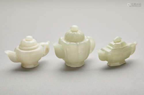 Group of Three Chinese Jade Covered Teapots