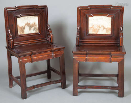 Pair of Chinese Marble Inlaid Hardwood Side Chairs