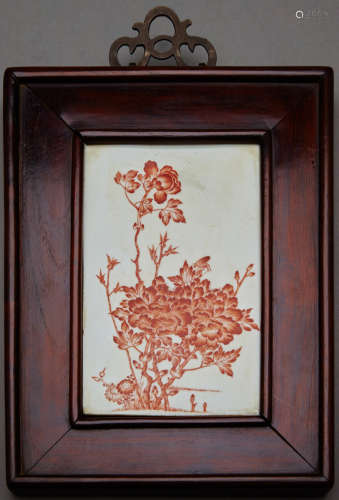 Group of Four Chinese Iron Red Enameled Floral Panels 19th Century