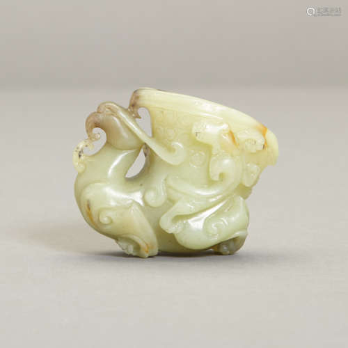 Chinese Celadon and Russet Jade Rhyton Cup