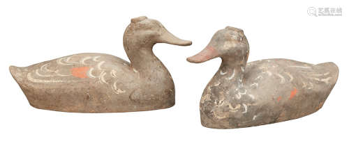 Two Chinese Painted Gray Pottery Ducks Han Dynasty