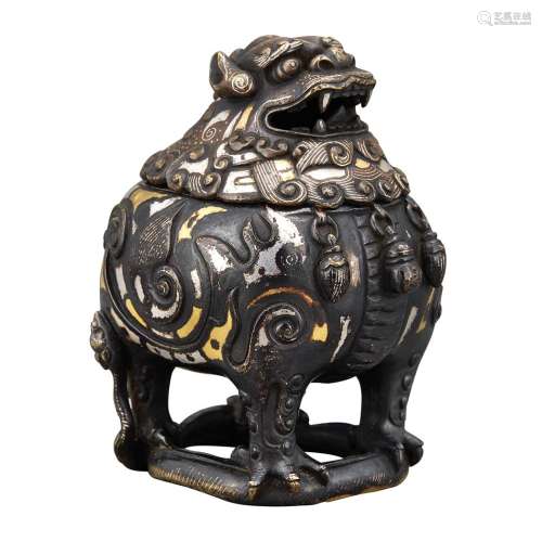 Chinese Gold and Silver Inlaid Bronze Qilin-Form Censer Qing Dynasty