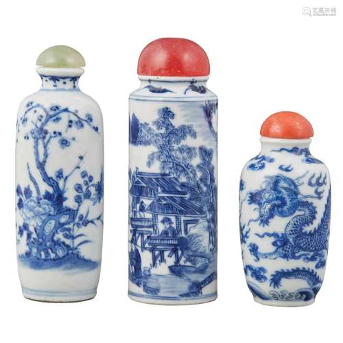 Group of Three Chinese Blue and White Glazed Porcelain Snuff Bottles