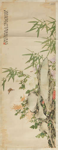 Sun Jia Shun  20th Century Hanging scroll, butterfly amid blossoming flowers, bamboo and rockwork 20th Century